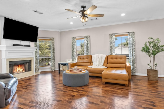 living room featuring a warm lit fireplace, visible vents, and dark wood-style flooring