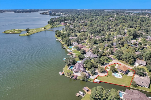 aerial view featuring a residential view and a water view