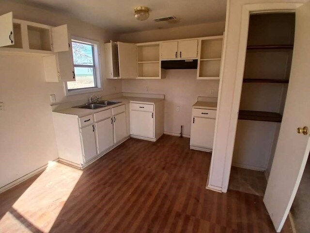 kitchen with white cabinetry, sink, and dark hardwood / wood-style floors