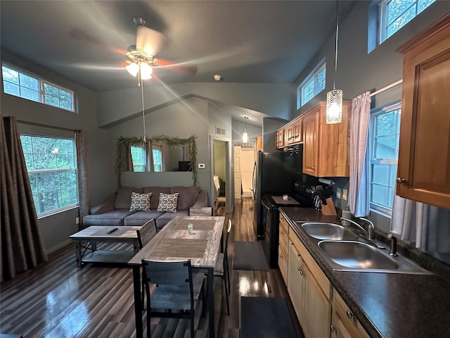 kitchen with black / electric stove, dark hardwood / wood-style floors, decorative light fixtures, sink, and ceiling fan