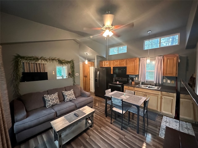 living room with dark wood-type flooring, high vaulted ceiling, sink, and ceiling fan