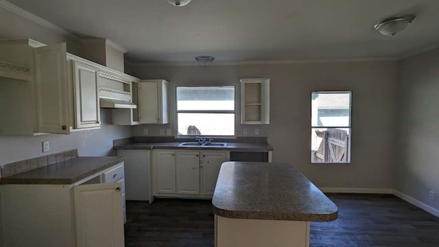 kitchen featuring a wealth of natural light, dark wood-type flooring, sink, and white cabinetry