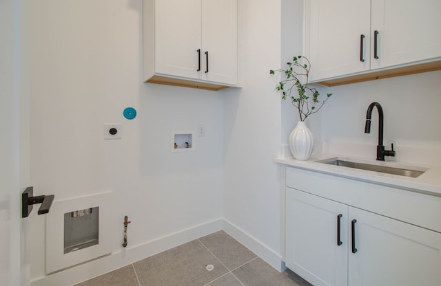 laundry area with washer hookup, gas dryer hookup, electric dryer hookup, sink, and light tile patterned floors