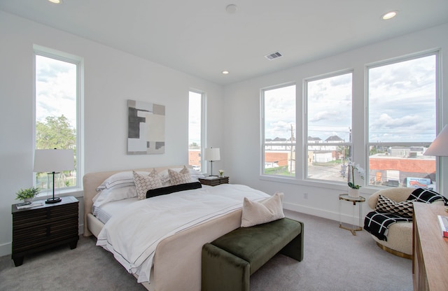 carpeted bedroom with multiple windows