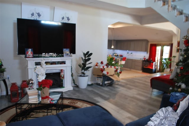 living room featuring a fireplace, wood-type flooring, and french doors