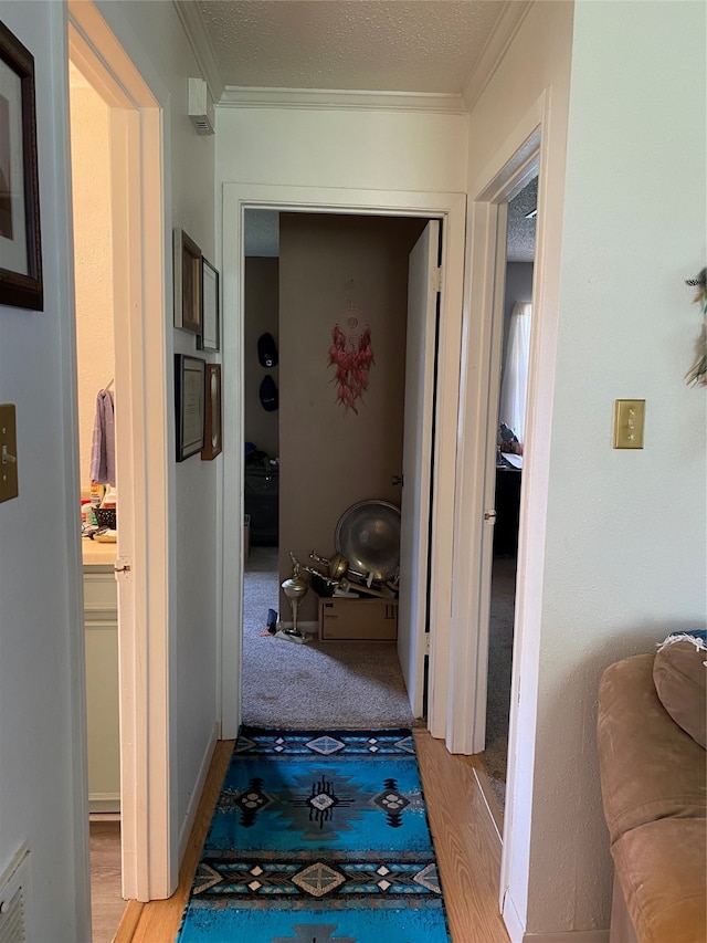 hall with hardwood / wood-style flooring, a textured ceiling, and ornamental molding