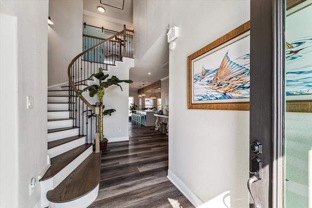 entryway featuring dark wood-type flooring and crown molding