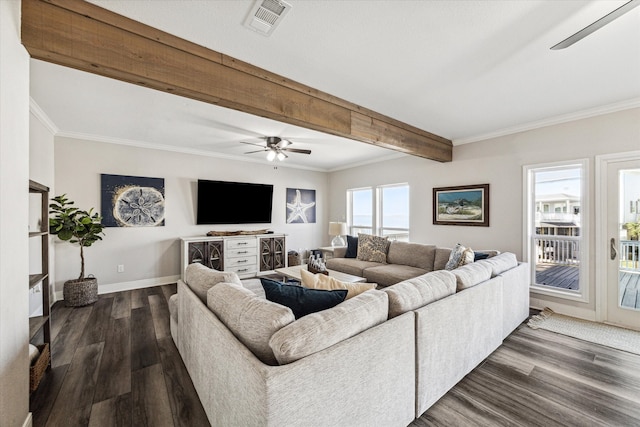 living room featuring ceiling fan, ornamental molding, beamed ceiling, and dark hardwood / wood-style flooring