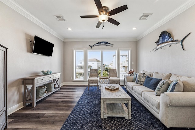 living room with ceiling fan, crown molding, and dark hardwood / wood-style flooring