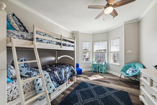 bedroom with ceiling fan, ornamental molding, and dark wood-type flooring