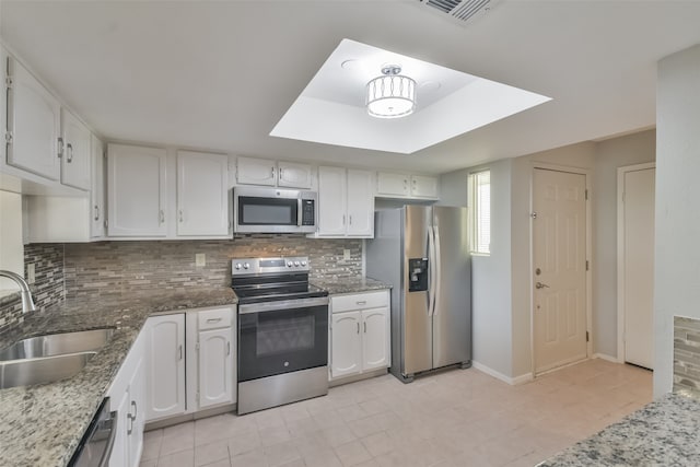 kitchen with appliances with stainless steel finishes, white cabinetry, and sink