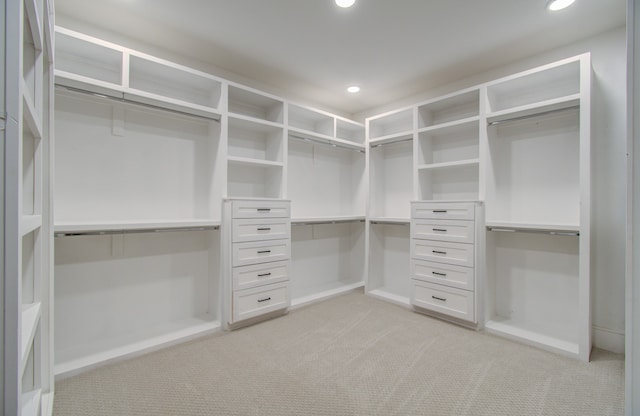 spacious closet featuring light colored carpet