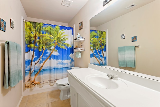 full bathroom with tile patterned floors, vanity, shower / bathtub combination with curtain, and toilet