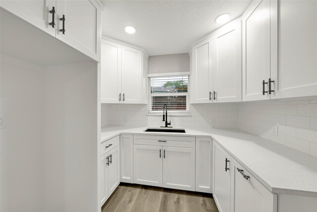 kitchen featuring light wood-type flooring, a sink, backsplash, white cabinets, and light countertops