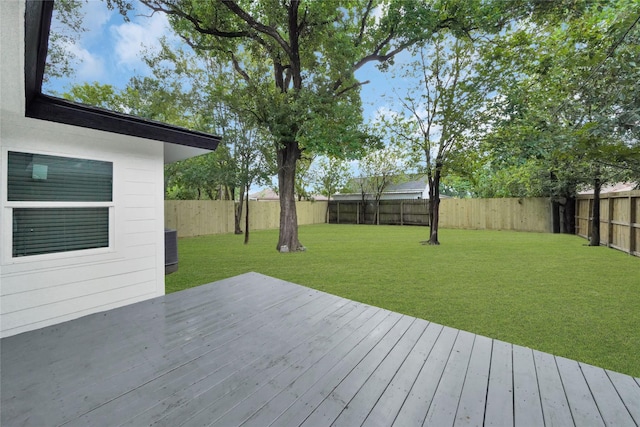 deck featuring a lawn and a fenced backyard