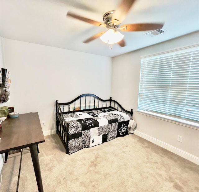 bedroom featuring carpet flooring and ceiling fan