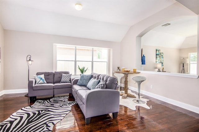 living room with lofted ceiling, a wealth of natural light, and dark hardwood / wood-style flooring