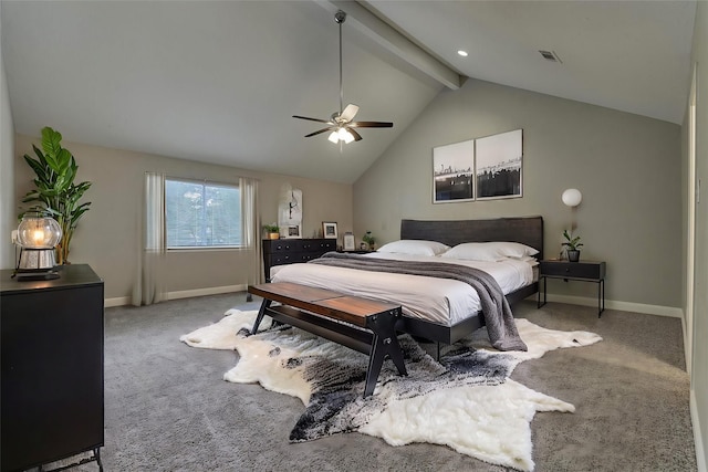 bedroom featuring carpet, lofted ceiling with beams, and ceiling fan