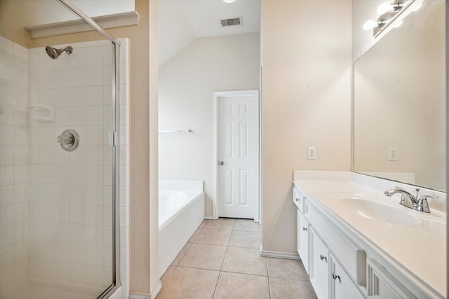 bathroom with lofted ceiling, vanity, separate shower and tub, and tile patterned flooring