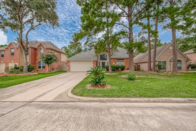 view of front of property featuring a front lawn and a garage