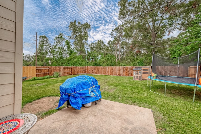 view of yard featuring a patio and a trampoline