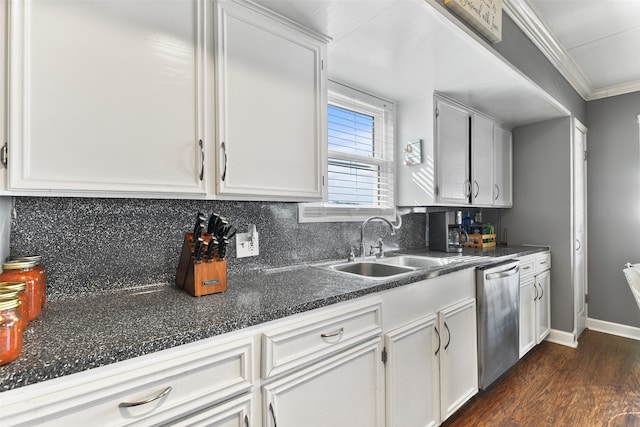 kitchen featuring dishwasher, crown molding, dark hardwood / wood-style flooring, white cabinetry, and sink