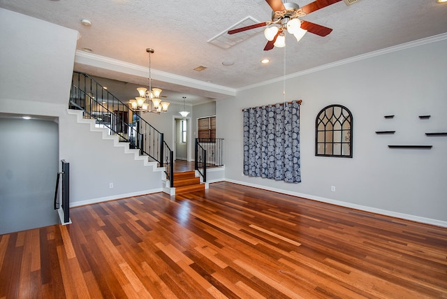 unfurnished living room with ceiling fan with notable chandelier, crown molding, a textured ceiling, and hardwood / wood-style floors