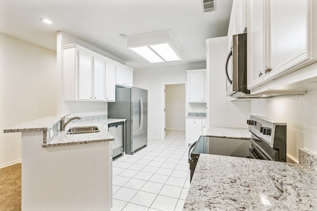 kitchen with stainless steel appliances, a kitchen bar, sink, white cabinets, and kitchen peninsula