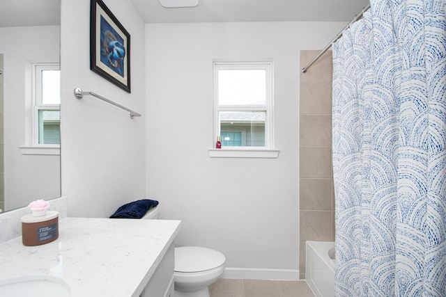 full bathroom with vanity, toilet, and shower / bath combo with shower curtain