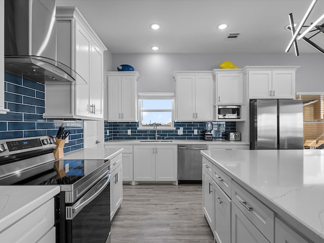 kitchen with visible vents, a sink, white cabinetry, wall chimney exhaust hood, and appliances with stainless steel finishes