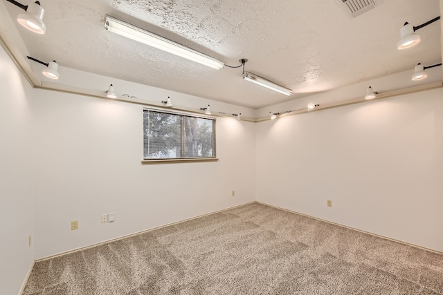 basement with a textured ceiling and carpet flooring