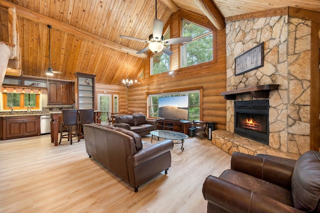 living room with high vaulted ceiling, light hardwood / wood-style flooring, ceiling fan, a fireplace, and wood ceiling