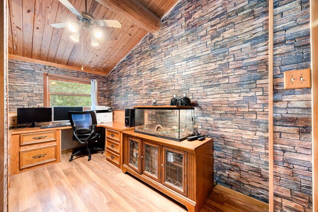 office area with beam ceiling, light hardwood / wood-style flooring, high vaulted ceiling, and wood ceiling