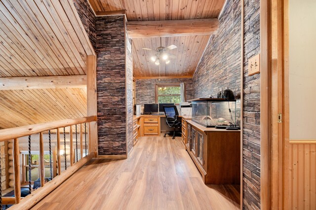 corridor with vaulted ceiling with beams, wood walls, light hardwood / wood-style flooring, and wooden ceiling