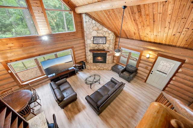 living room featuring wood finished floors, high vaulted ceiling, a fireplace, wooden ceiling, and beamed ceiling