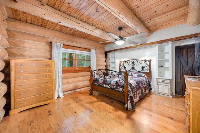 bedroom featuring ceiling fan, log walls, wooden ceiling, beamed ceiling, and light hardwood / wood-style floors