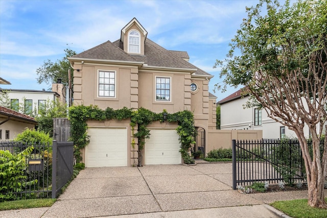 2509 Westgate Dr, Houston, TX 77019 - view of front of house with stucco siding, driveway, a garage, and a shingled roof