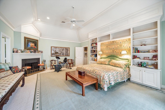 2509 Westgate Dr, Houston, TX 77019 - carpeted bedroom with a fireplace, vaulted ceiling, and ornamental molding