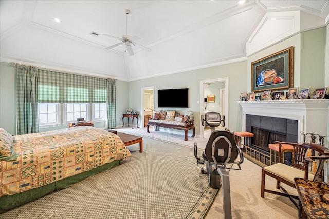2509 Westgate Dr, Houston, TX 77019 - bedroom featuring carpet floors, lofted ceiling, a fireplace, ceiling fan, and crown molding