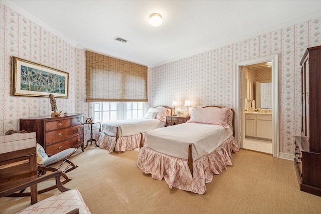 2509 Westgate Dr, Houston, TX 77019 - bedroom with crown molding, carpet, wallpapered walls, and ensuite bathroom