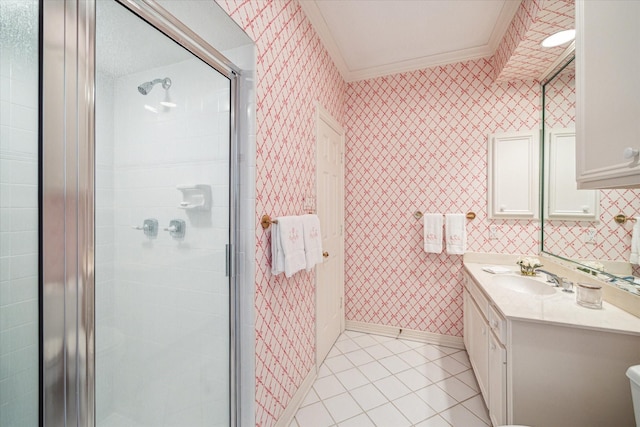 2509 Westgate Dr, Houston, TX 77019 - full bathroom with tile patterned flooring, vanity, a stall shower, wallpapered walls, and crown molding