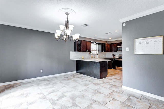 kitchen featuring stainless steel appliances, a chandelier, dark brown cabinets, kitchen peninsula, and pendant lighting