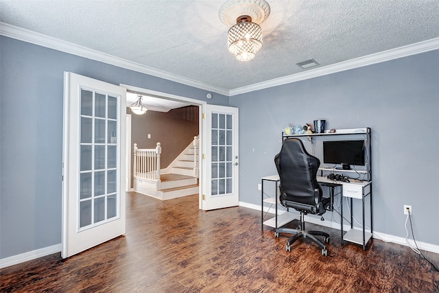 office area featuring a textured ceiling, french doors, a notable chandelier, dark hardwood / wood-style floors, and ornamental molding