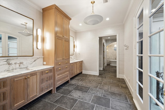 bathroom with backsplash, french doors, toilet, a tile shower, and vanity