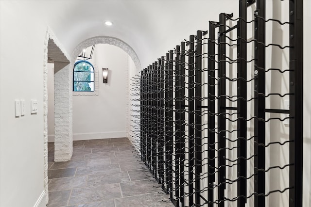 wine cellar featuring vaulted ceiling