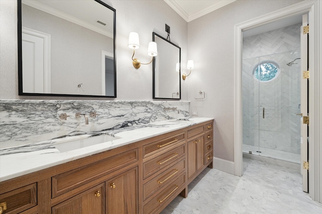 bathroom featuring an enclosed shower, ornamental molding, tasteful backsplash, and vanity