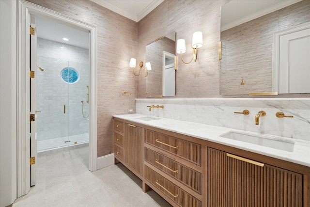 bathroom featuring crown molding, vanity, an enclosed shower, and backsplash