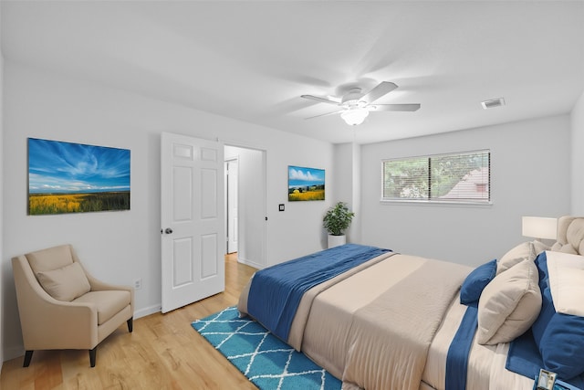 bedroom with ceiling fan and light wood-type flooring