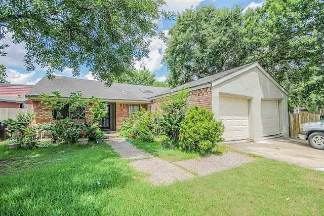 ranch-style home featuring a garage and a front lawn