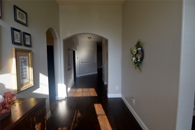 corridor with dark hardwood / wood-style flooring